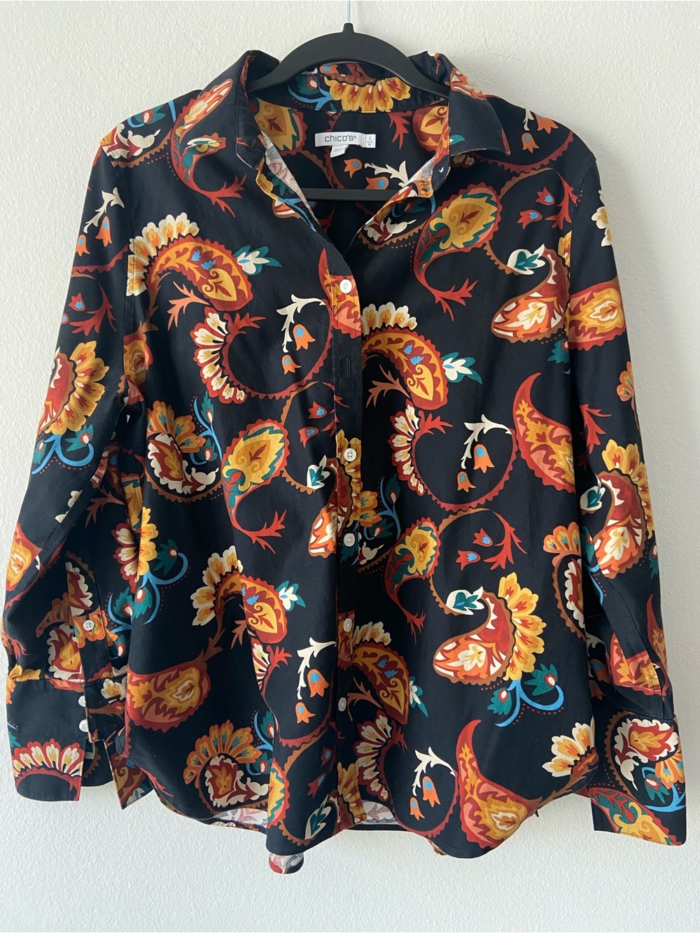 CHICO'S Paisley Floral Button Down Shirt Cotton Stretch Black Size 2 (L)